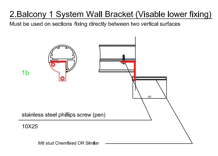 Balcony Railing System 1 Wall Bracket Visable Lower Fixing Glass Balustrades